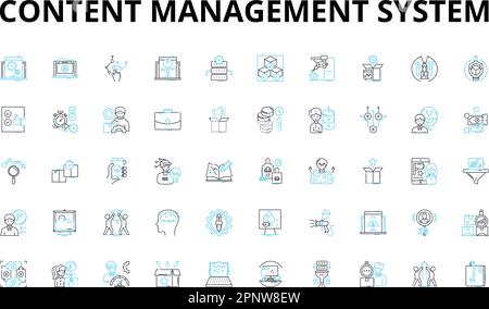 Content management system linear icons set. Database, Interface, Template, Plugins, Widgets, Platform, Administration vector symbols and line concept Stock Vector