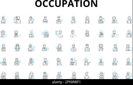 Occupation linear icons set. Doctor, Teacher, Engineer, Accountant, Lawyer, Writer, Chef vector symbols and line concept signs. Gardener,Artist Stock Vector