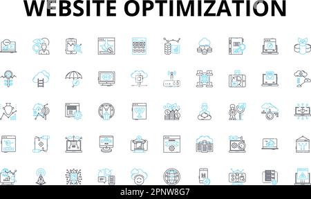 Website optimization linear icons set. Analytics, Conversion, Keywords, Content, Rankings, Meta, Caching vector symbols and line concept signs Stock Vector