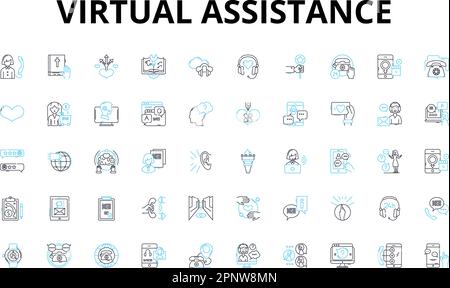 Virtual assistance linear icons set. Automation, Efficiency, Productivity, Support, Solutions, Integration, Communication vector symbols and line Stock Vector