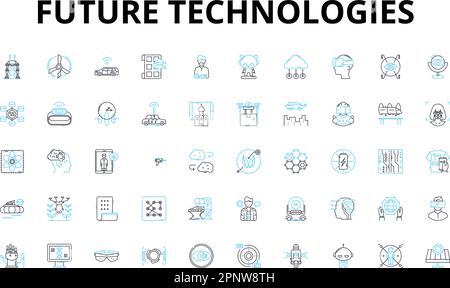 Future technologies linear icons set. Robotics, Drs, Augmented Reality, Virtual Reality, Biotechnology, Nanotechnology, Quantum Computing vector Stock Vector