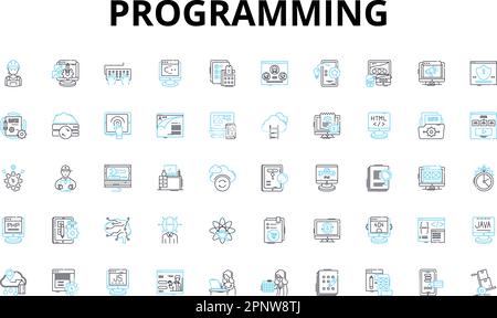 Programming linear icons set. Debugging, Syntax, Function, Algorithm, Compiler, Loop, Variable vector symbols and line concept signs. Code,Framework Stock Vector