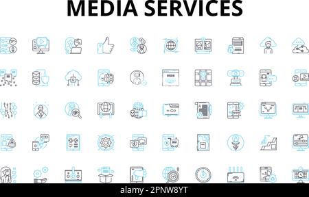 Media services linear icons set. Advertising, Broadcasting, Content, Distribution, Editing, Film, Graphics vector symbols and line concept signs Stock Vector
