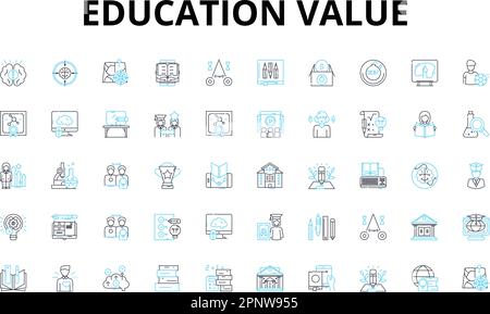 Education value linear icons set. Knowledge, Learning, Skills, Intelligence, Development, Advancement, Progress vector symbols and line concept signs Stock Vector