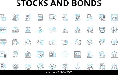 Stocks and bonds linear icons set. Asset, Dividend, Portfolio, Securities, Yield, Trading, Investment vector symbols and line concept signs. Equity Stock Vector