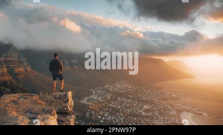 Young man standing on the top of the rock. Success, achieved goal concept, Photo taken in Cape Town, South Africa Stock Photo
