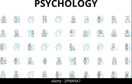Psychology linear icons set. Perception, Memory, Emotion, Cognition, Personality, Consciousness, Development vector symbols and line concept signs Stock Vector