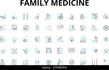 Family medicine linear icons set. Preventive, Comprehensive, Primary, Care, General, Consultation, Diagnostics vector symbols and line concept signs Stock Vector