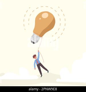 Business flat drawing smart businessman holding light bulb floating balloon flying high in sky. Big idea to solve problem, invention or innovation to Stock Photo