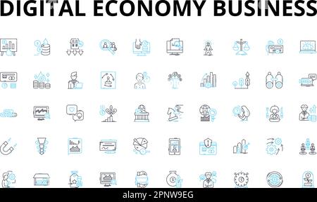 Digital economy business linear icons set. Innovation, E-commerce, Startup, Cryptocurrency, Blockchain, Automation, Big data vector symbols and line Stock Vector