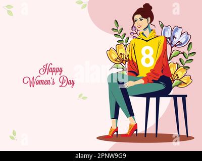 Happy Women's Day Concept With Cheerful Fashionable Young Woman Character Sitting At Stool On Floral Background. Stock Vector