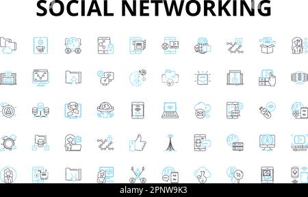 Social networking linear icons set. Connection, Interaction, Sharing, Communication, Relationships, Community, Engagement vector symbols and line Stock Vector