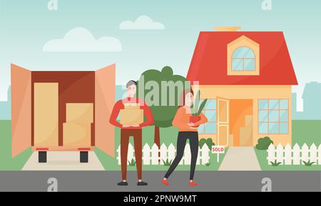 Young family couple moving to new house. Man holding cardboard box with household stuff, woman holding home plant. Boxes in the trunk of the truck. Ve Stock Vector