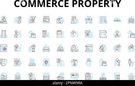 Commerce property linear icons set. Retail, Commercial, Industrial, Office, Warehouse, Shopping, Plaza vector symbols and line concept signs. Strip Stock Vector