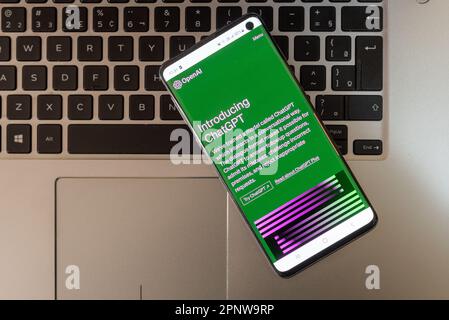 Niterói, Rio de Janeiro, Brazil - April 20, 2023: Mobile phone displaying ChatGPT logo with selective focus, an artificial intelligence Stock Photo