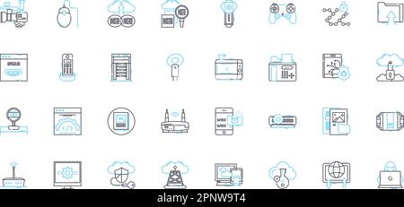 Digital communication linear icons set. Messaging, Email, Social media, Chatting, Chatbots, Video, Conference line vector and concept signs. Emailing Stock Vector