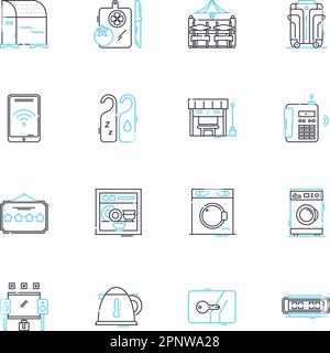 Municipal lodgings linear icons set. Accommodation, Hospitality, Guesthouse, Public, Bunkhouse, Shelter, Housing line vector and concept signs. Hostel Stock Vector