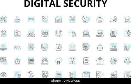 Digital security linear icons set. Encryption, Firewall, Malware, Password, Antivirus, Cybercrime, Hackers vector symbols and line concept signs Stock Vector
