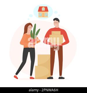 Young family couple are dreaming, planning and preparing to move to a new house. Man holding cardboard box with household stuff, woman holding home pl Stock Vector