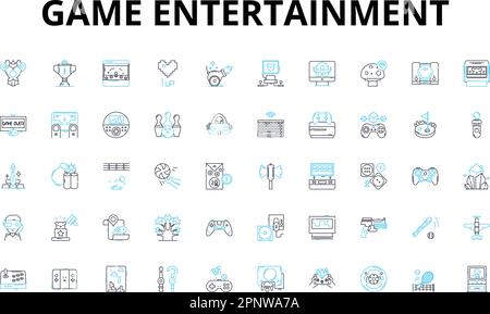 Game entertainment linear icons set. Strategy, Adventure, Fun, Challenge, Fantasy, Excitement, Action vector symbols and line concept signs. Thrill Stock Vector