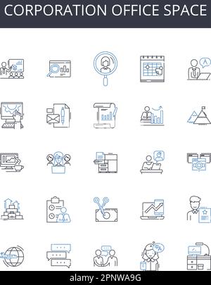 Corporation office space line icons collection. Business headquarters, Company workstations, Enterprise premises, Corporation property, Commercial Stock Vector