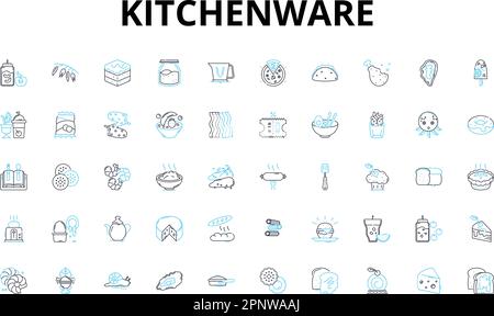 Kitchenware linear icons set. Cutlery, Cookware, Bakeware, Utensils, Dishware, Appliances, Gadgets vector symbols and line concept signs. Containers Stock Vector