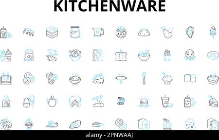 Kitchenware linear icons set. Cutlery, Cookware, Bakeware, Utensils, Dishware, Appliances, Gadgets vector symbols and line concept signs. Containers Stock Vector