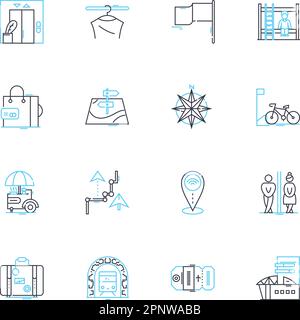 Road atlas linear icons set. Navigation, Directions, Highways, Maps, Interstates, Travel, Roads line vector and concept signs. Destinations,Route Stock Vector