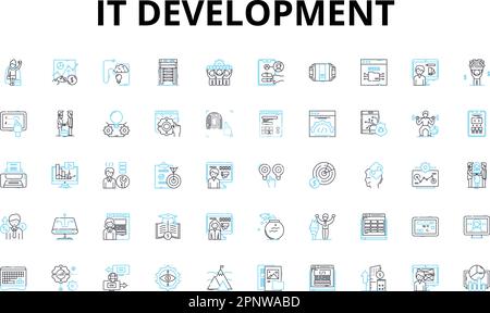 IT development linear icons set. Coding, Programming, Debugging, Testing, Deployment, Integration, Agile vector symbols and line concept signs Stock Vector