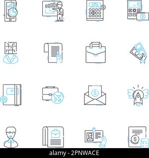 Trade policy linear icons set. Export, Import, Tariffs, Quotas, Protectionism, Free trade, Trade agreements line vector and concept signs. Sanctions Stock Vector