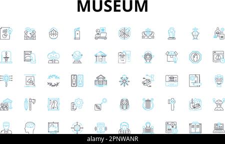 Museum linear icons set. Artifacts, Exhibits, Gallery, Archaeology, History, Memorabilia, Sculpture vector symbols and line concept signs. Antiquities Stock Vector