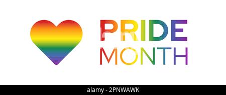 Pride month banner background. Heart shape and text with Pride flag Abstract gradient inside. Vector illustration Stock Vector
