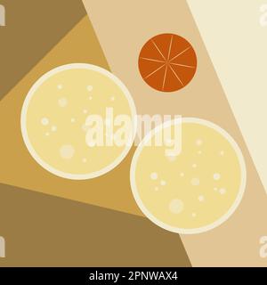 Abstract composition with glasses of champagne and tangerines. Minimalist background for publications on social networks. Stylish simple print for Stock Vector