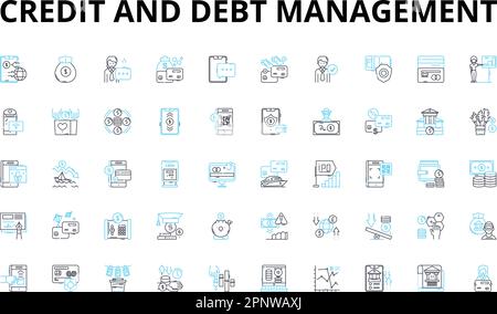 Credit and debt management linear icons set. Credirthiness, Interest, Balance, Budget, Score, Finance, Collection vector symbols and line concept Stock Vector