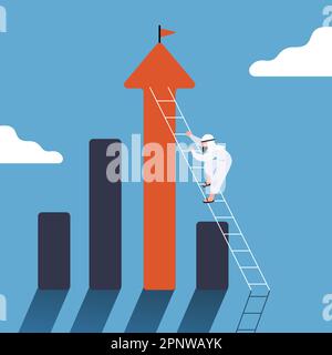 Business concept flat style Arabian businessman climbing on infographics column with ladder. Step grow business. Improvement or development to achieve Stock Photo