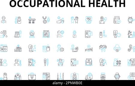 Occupational health linear icons set. Ergonomics, Hazards, Vaccinations, PPE, Wellness, Safety, Compliance vector symbols and line concept signs Stock Vector