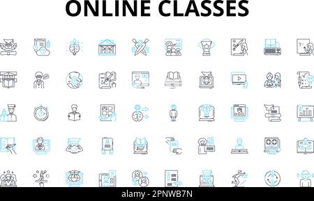 Online classes linear icons set. Virtual, Remote, Digital, E-learning, Web-based, Teleconferencing, Cyberlearning vector symbols and line concept Stock Vector