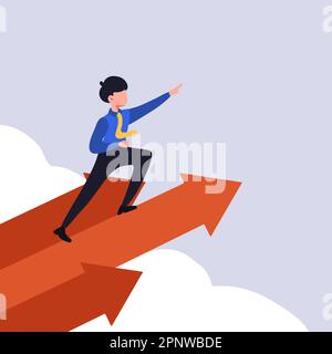 Business flat drawing businessman leader stands on arrows and points direction forward. Male worker flying using rapid up arrows symbol. Success busin Stock Photo