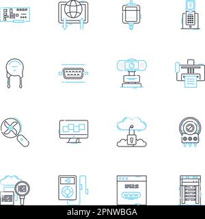 Electronic contraptions linear icons set. Gadgets, Devices, Electronics, Tech, Innovations, Appliances, Machines line vector and concept signs. Robots Stock Vector