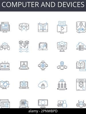 Computer and devices line icons collection. PC, laptop, tablet, smartph, smartwatch, desktop, server vector and linear illustration. gaming console Stock Vector
