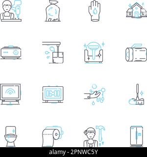 Janitorial business linear icons set. Cleaning, Maintenance, Sanitization, Disinfection, Sweeping, Mopping, Vacuuming line vector and concept signs Stock Vector