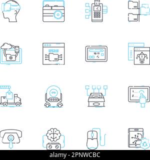 Information devices linear icons set. Tablet, Smartph, Laptop, Desktop, Smartwatch, E-reader, Wearables line vector and concept signs. Phablet,Router Stock Vector