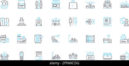 Digitized urbanization linear icons set. Smart city, Wi-Fi, Sustainability, Automation, Internet, Big data, Technology line vector and concept signs Stock Vector