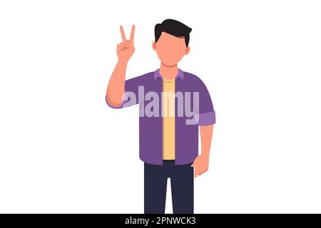 Business concept flat cartoon style isolated smiling man showing victory sign. Young businessman gesture success. Male doing victory sign. Sign of suc Stock Photo