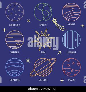 Solar system planets and sun colored icons collection in line style Stock Vector