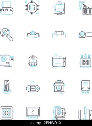Digital devices linear icons set. Smartph, Tablet, Laptop, Desktop, Camera, Printer, Scanner line vector and concept signs. Headphs,Microph,Mouse Stock Vector