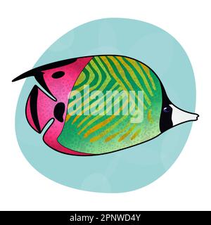 Cool green and pink tropical sea fish Threadfin Butterflyfish. Beautiful print for clothes, cups, plates, goods. Sea world. Logo for seafood, fish Stock Vector