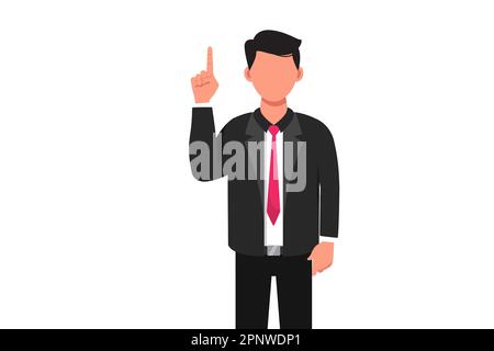 Business flat cartoon style drawing of happy businessman pointing index finger up gesture. Male manager raising or lifting hand to upward. Emotion and Stock Photo