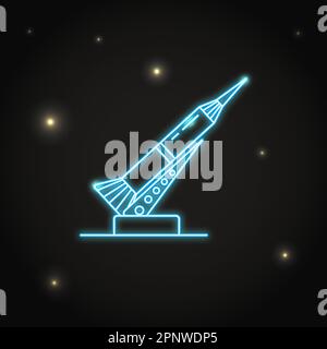 Neon rocket and launch pad icon in thin line style. Spaceship electric light symbol in dark sky. Stock Vector
