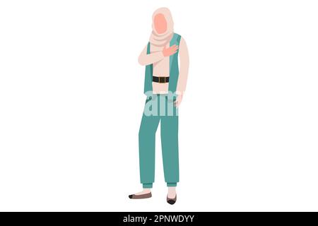 Business flat drawing pleasant fashionable Arab businesswoman keep hand on chest, expresses gratitude, thankful for help and support, showing heart fi Stock Photo